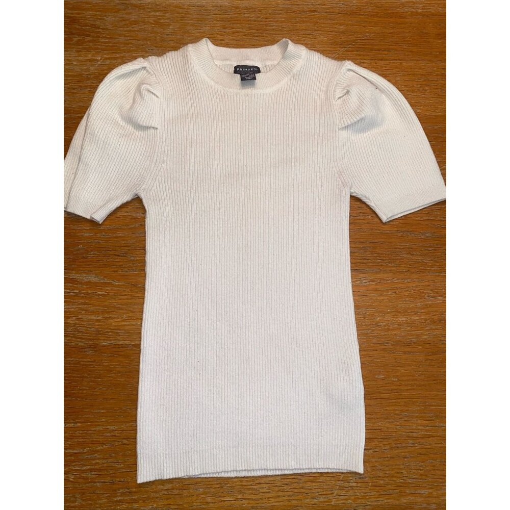 Ribbed Knit White Top With Gathered Sleeves Size XS By Primark